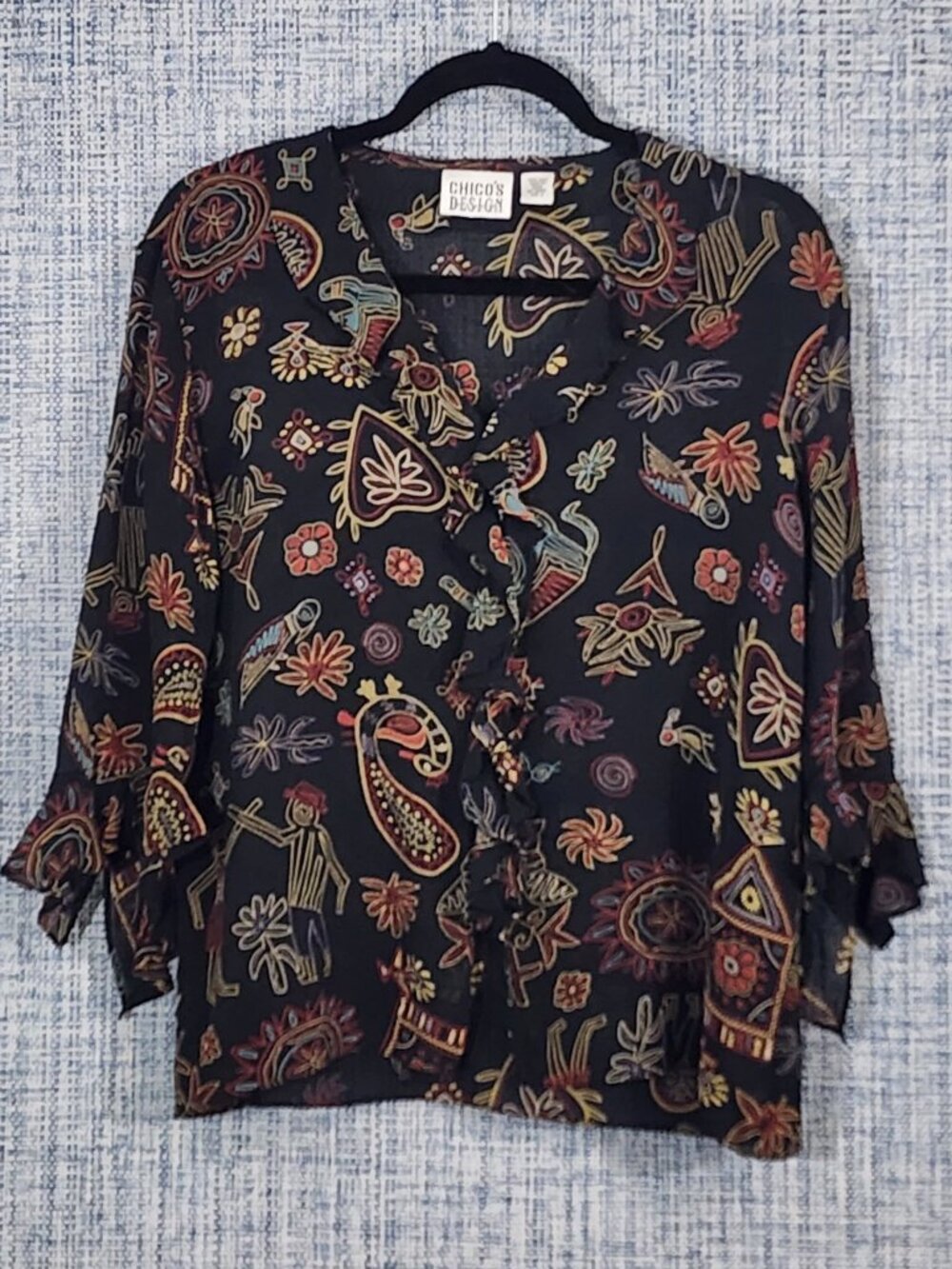 Chico's Design 100% Silk Blouse Size 2 L Vintage Abstract Art Graphic Top